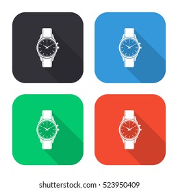 Wristwatch vector icon - colored illustration (gray blue green red) with  long shadow