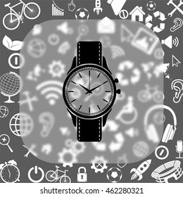 Wristwatch vector icon - matte glass button on background consisting  of different icons