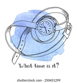 Wristwatch, vector illustration, hand-drawn design element, watches painted watercolor stain.