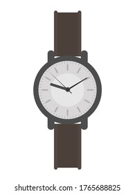 Wristwatch with a white dial and a brown strap. Wristwatch in a flat style. Isolated. Vector.