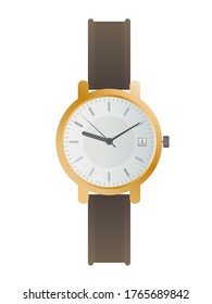 Reloj de pulsera con dial blanco y correa marrón. Un reloj de pulsera de estilo realista. Aislado. Vector.