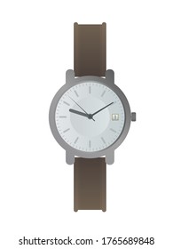 Reloj de pulsera con dial blanco y correa marrón. Un reloj de pulsera de estilo realista. Aislado. Vector.