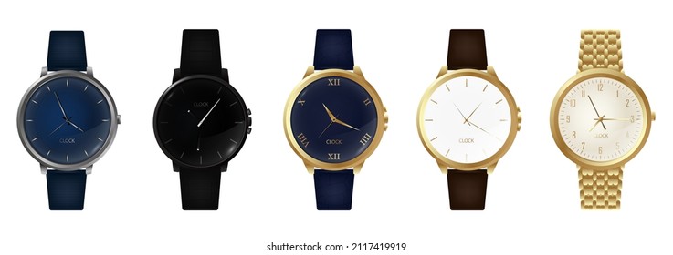 Wristwatches. Realistic luxury silver and golden men watches with modern steel bracelets fashion. 3D classic and modern business watches with chronograph, metal and leather bracelet.