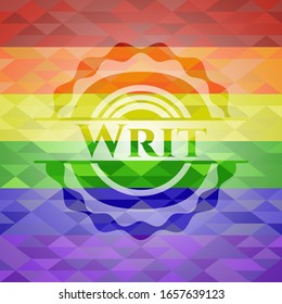 Writ emblem on mosaic background with the colors of the LGBT flag