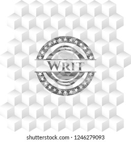 Writ retro style grey emblem with geometric cube white background