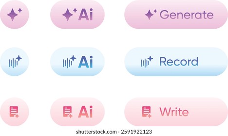 Write with AI button. Rewrite prompt pushbutton. Generate artificial intelligence toggle. LLM magic stars logo, Machine learning text generator. Chatbot assistant, record, Generative AI UI design