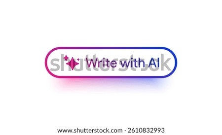 Write with AI button. Rewrite prompt pushbutton. Generate artificial intelligence toggle. LLM magic stars logo. Machine learning text generator. Chatbot assistant. UI design. Vector illustration. 