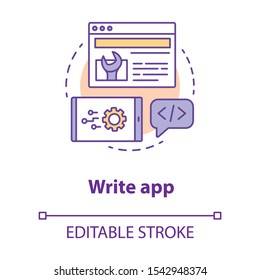 Write app concept icon. Software development idea thin line illustration. Service orchestration. Tools for front-end, back-end developer. Vector isolated outline drawing. Editable stroke