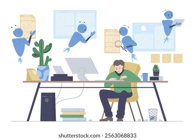 Write article text, create blog post content using AI tools. Creative busy writer sitting at computer desk to type, virtual robotic assistants helping author at work cartoon vector illustration