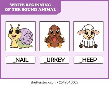 write the beginning of sound animal. cute cute turkey , snail, sheep