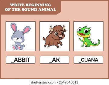 write the beginning of sound animal. cute rabbit, yak, iguana