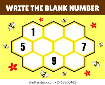 write the blank number with illustration bee and flower for kids activity. kindergarten homework or preschool excercise fun game ice breaking or games. printable media. kids worksheet