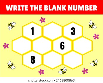 write the blank number with illustration bee and flower for kids activity. kindergarten homework or preschool excercise fun game ice breaking. printable media. kids worksheet. fun activities.