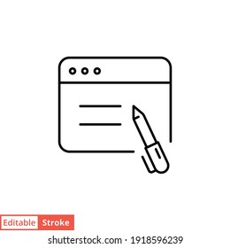 Write blog line icon. Web page with pen, simple outline style. Testimonials and customer relationship management concept. Vector illustration isolated on white background. Editable stroke EPS 10. 