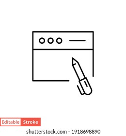 Write blog line icon. Web page with pen, simple outline style. Testimonials and customer relationship management concept. Vector illustration isolated on white background. Editable stroke EPS 10. 