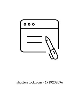 Write blog line icon. Web page with pen, simple outline style. Testimonials and customer relationship management concept. Vector illustration isolated on white background. EPS 10.