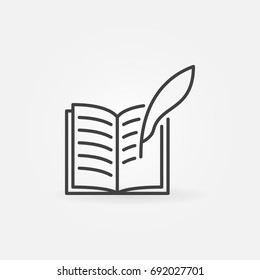 Write a book icon - vector book with a feather quill symbol in thin line style