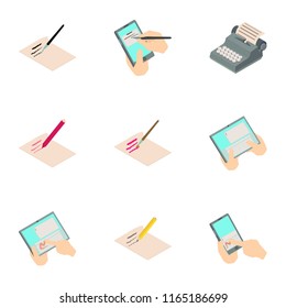 Write a book icons set. Isometric set of 9 write a book vector icons for web isolated on white background