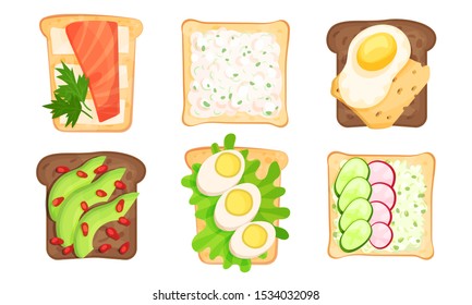 Write And Brown Bread Toasts With Different Toppings Vector Illustrated Set