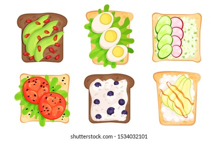 Write And Brown Bread Toasts With Different Toppings Vector Illustrated Set