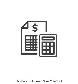 Write Budget line icon. linear style sign for mobile concept and web design. Calculator and financial document outline vector icon. Fiance Planning symbol, logo illustration. Vector graphics