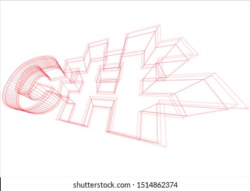 The write C# in red wireframe style, isolated on white background - Vector