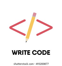 write code concept icon. pencil in brackets. punk art. pencil coding. vector illustration. eps10