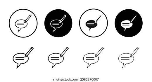 Write comment icon Black line art vector logo set