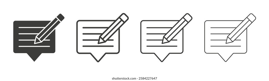 Write comment icons set. Liner outlined and flat black color