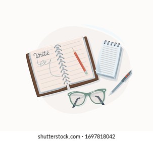 Write concept vector illustration. Notepad, glasses, notebook, paper notes with pen and pencil for making writing. Graphic elements in trendy flat style isolated on white background.