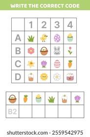 Write the correct code. Easter elements. Educational attention game. Activity for kids. Isolated vector illustration eps 10