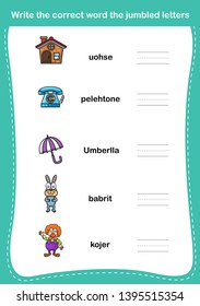 Write the correct word the jumbled letters,illustration, vector