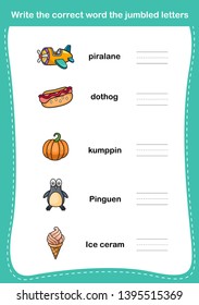 Write the correct word the jumbled letters,illustration, vector
