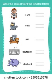 Write the correct word the jumbled letters,illustration, vector