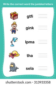 Write the correct word the jumbled letters,illustration, vector