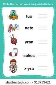 Write the correct word the jumbled letters,illustration, vector
