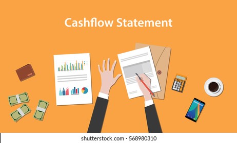 Write And Count Cashflow Statement On A Paperworks With Calculator, Money And Coffee On Top Of Table