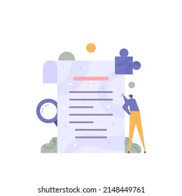 write or create a scientific paper, journal, proposal, letter, report or manuscript. a copywriter, journalist, writer, or content creator. flat cartoon illustration. vector concept design.