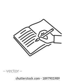 write diary or journal icon, author book, story or note in writerbook, pen in journalist hand, thin line symbol on white background - editable stroke vector illustration eps10