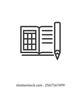 Write Diary line icon. linear style sign for mobile concept and web design. An open book with a small calendar and pencil outline vector icon. Symbol, logo illustration. Vector graphics