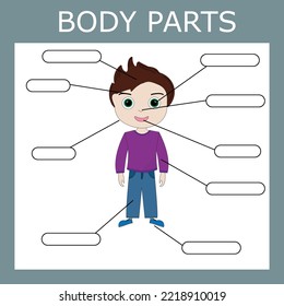 Write down the body parts of the boy. Educational game for children.
