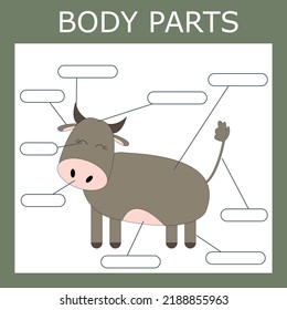 Write down the body parts of the cow. Educational game for children.