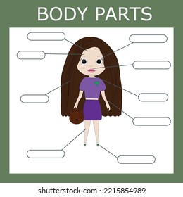 Write down the body parts of the girl. Educational game for children.