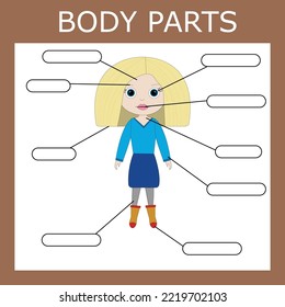 Write down the body parts of the girl. Educational game for children.