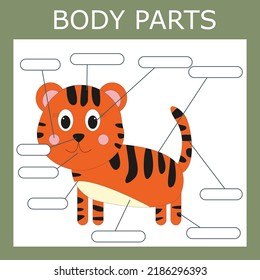 Write down the body parts of the tiger. Educational game for children.