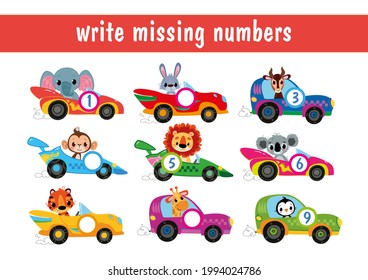 Write down the missing numbers. Animal drivers cartoon. Cartoon cars with numbers from 1 to 9. Transport mini-game for children. Educational math game for children. Fill in the line, write in numbers