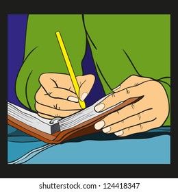 write down in a notebook, the book or a writing-book, business or other information