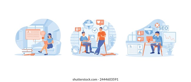 Write and edit the text. Search engine optimization ideas for blog promotion. Men make blog promotion mistakes. Blog concept. Set flat vector illustration.