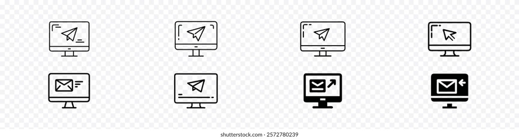 write email icon. fast computer email shipping. Computer with mail vector icon. A monitor screen with email send button outline vector icon