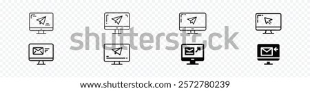 write email icon. fast computer email shipping. Computer with mail vector icon. A monitor screen with email send button outline vector icon